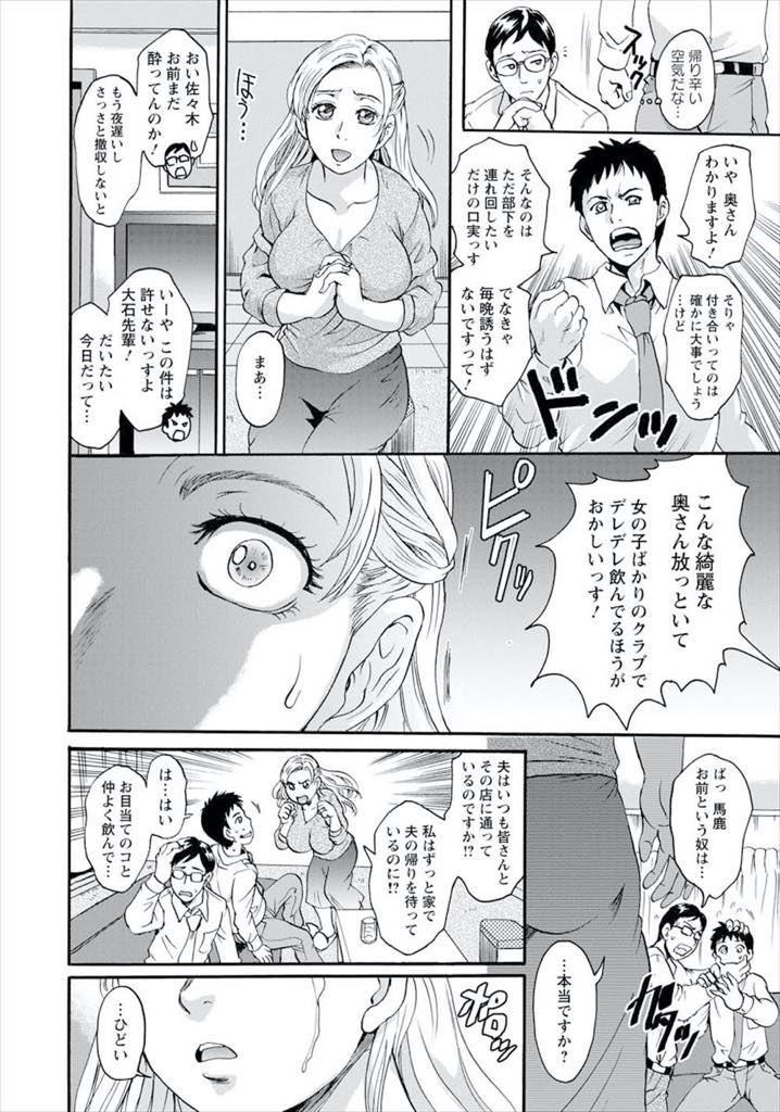 【エロ漫画】情熱的に口説き落としてきた旦那の熱が冷めたのか寂しく帰りを待つ夜が増え旦那の部下と不倫する金髪爆乳人妻...旦那も外で遊んでいるんだから少しくらいハメを外しても大丈夫だと唆し久しぶりのエッチに興奮し激しく求められ二穴犯し尽くしNTR中出しセックス【中山哲学:金髪妻NTRアフター】