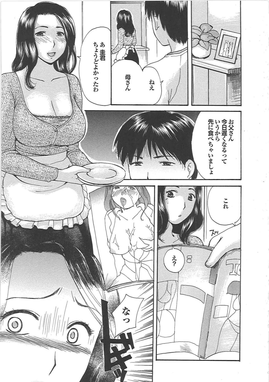 【エロ漫画】AVに出ていることを息子にバレて襲われちゃう巨乳の母親…息子におっぱいを揉まれパイズリを強要されると生ハメされて近親相姦セックスしちゃう【めいか：ママ遊戯】