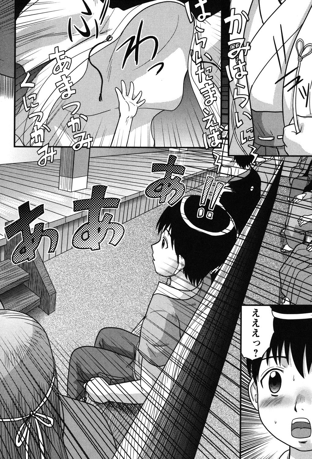 【エロ漫画】【エロ漫画】夏祭りで妖しげな見世物小屋に入った少年…舞台上の不思議な巫女少女に誘惑されてフェラや騎乗位で生ハメ中出しセックス【後藤寿庵：真夏の夢】