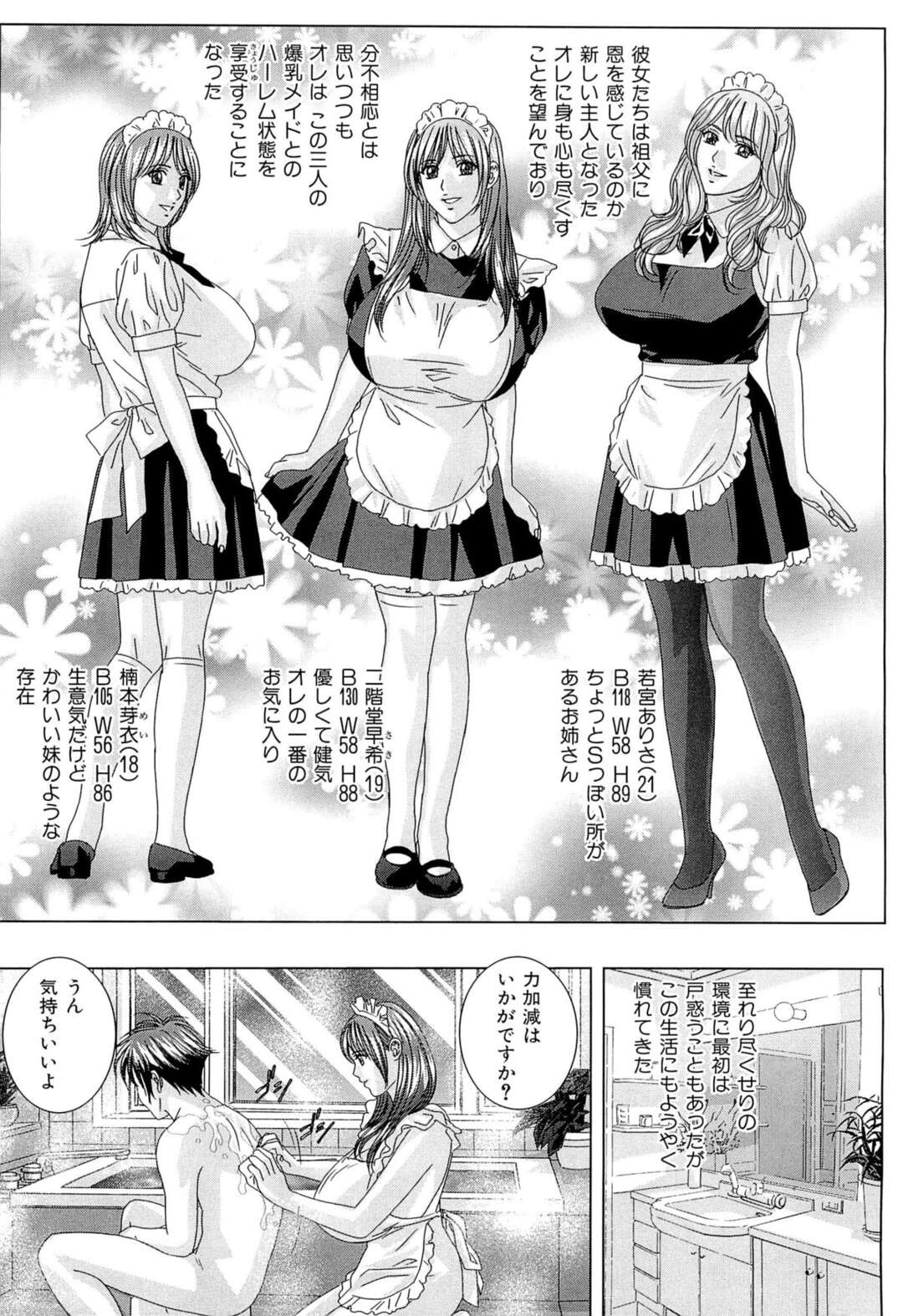 【エロ漫画】【エロ漫画】ご主人様に懇親のご奉仕をして夜な夜な性処理までしてくれる3人の巨乳メイド…パイズリや騎乗位で生ハメいちゃラブセックスしちゃう【にしまきとおる:淫乳メイド館】