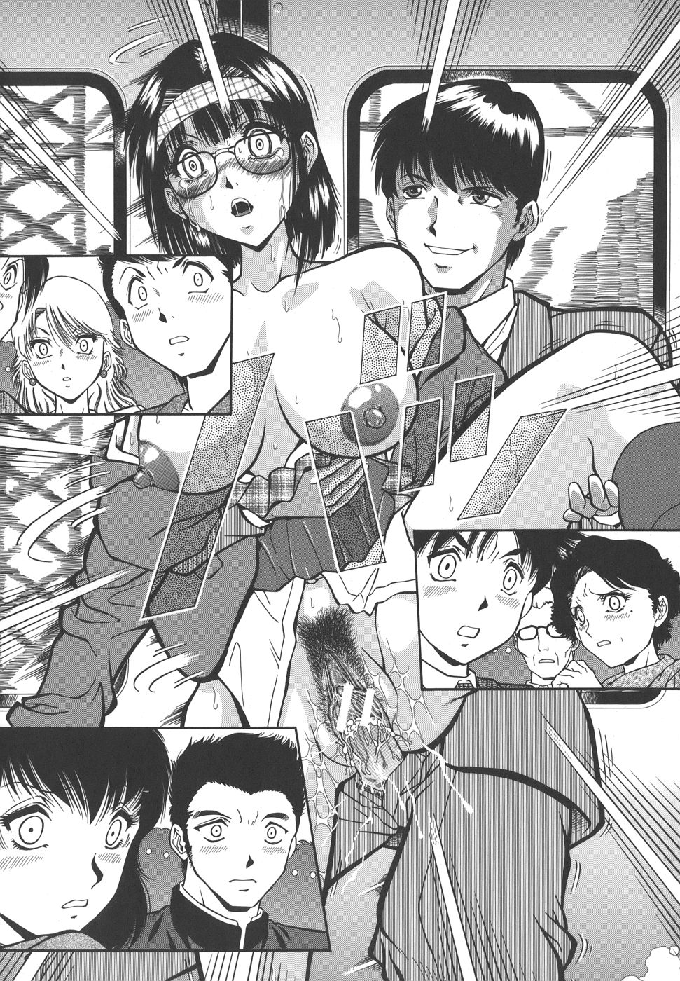 【エロ漫画】通学電車の中で痴漢被害にあっているのにもかかわらずオナニーしてしまう欲求不満なメガネJK。車内で彼に無抵抗にされるがままにされ公開セックスで中出しされて絶頂イキ！【飯尾鉄明：アイド 】