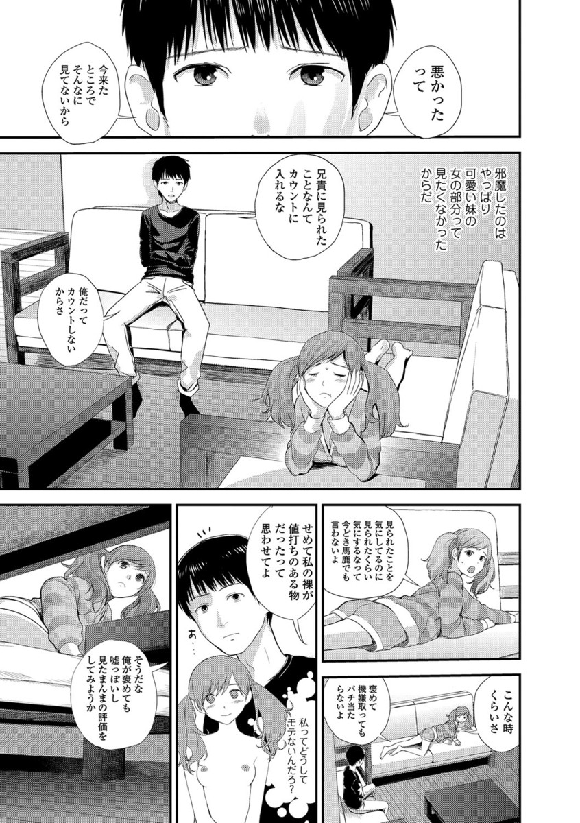 【エロ漫画】【エロ漫画】妹が鏡の前で全裸に！お兄ちゃんに目撃されてしまってクンニされ近親相姦ファックしちゃった！！【吉田鳶牡：妹レビュー】