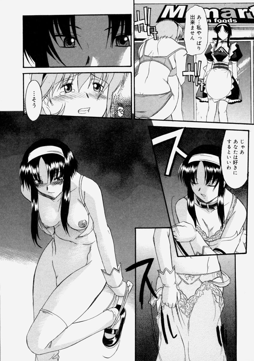 【エロ漫画】【エロ漫画】オークションで買われた巨乳メイドがご主人様の言いつけで全裸で買い物、犬の様に四つん這いで歩きウインナーをまんこに挿入、変態女と思われヤンキーに犯される！【むらさき朱：幻日師】