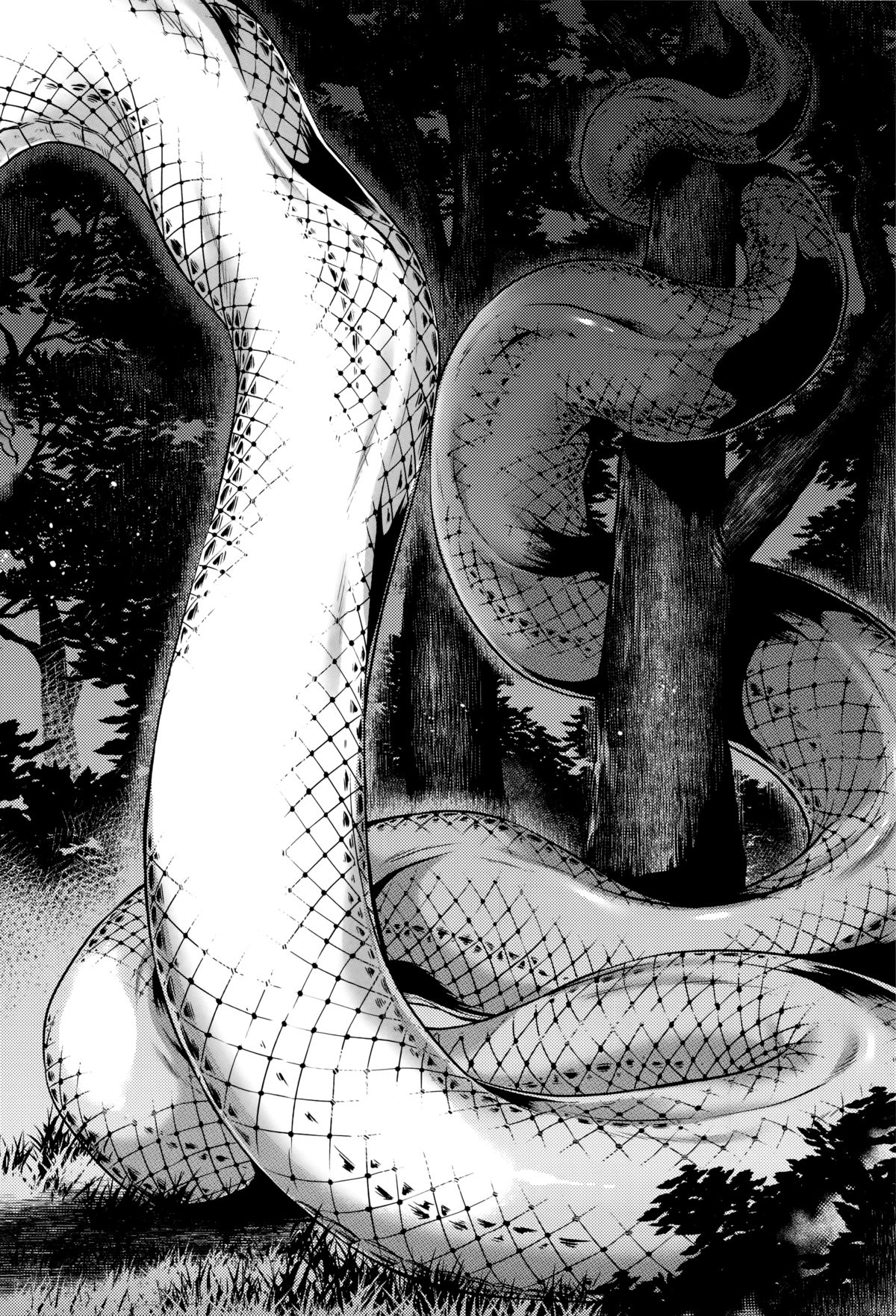 【エロ漫画】【エロ漫画】山奥の心霊スポットに訪れた青年たちは下半身が大蛇となった女を目撃してしまう。彼女から逃げ切ることができなかった青年は逆レイプされてしまう！彼女の事が美しく見え、化け物に魅入られた彼は自ら乳首を授乳したりして、フェラされてしまう！【叙火：姦姦蛇螺】