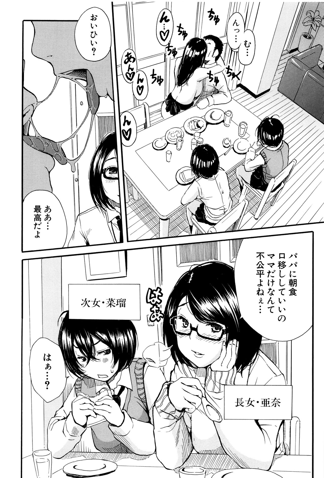 【エロ漫画】【エロ漫画】朝食中に長女とハメる親父が妻の黄金水を飲み口移しで食事をするド変態家族。登校前にオマンコに媚薬を塗り込み、イラマチオで大量の精液を飲ませる【千要よゆち：ミダラな日常】